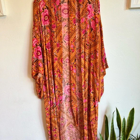 Spell Vibrant Marigold and Pink Floral Kimono w/ Belt - Picture 2 of 6